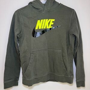 Nike Kids Olive Green Hoodie with Neon Green Logo